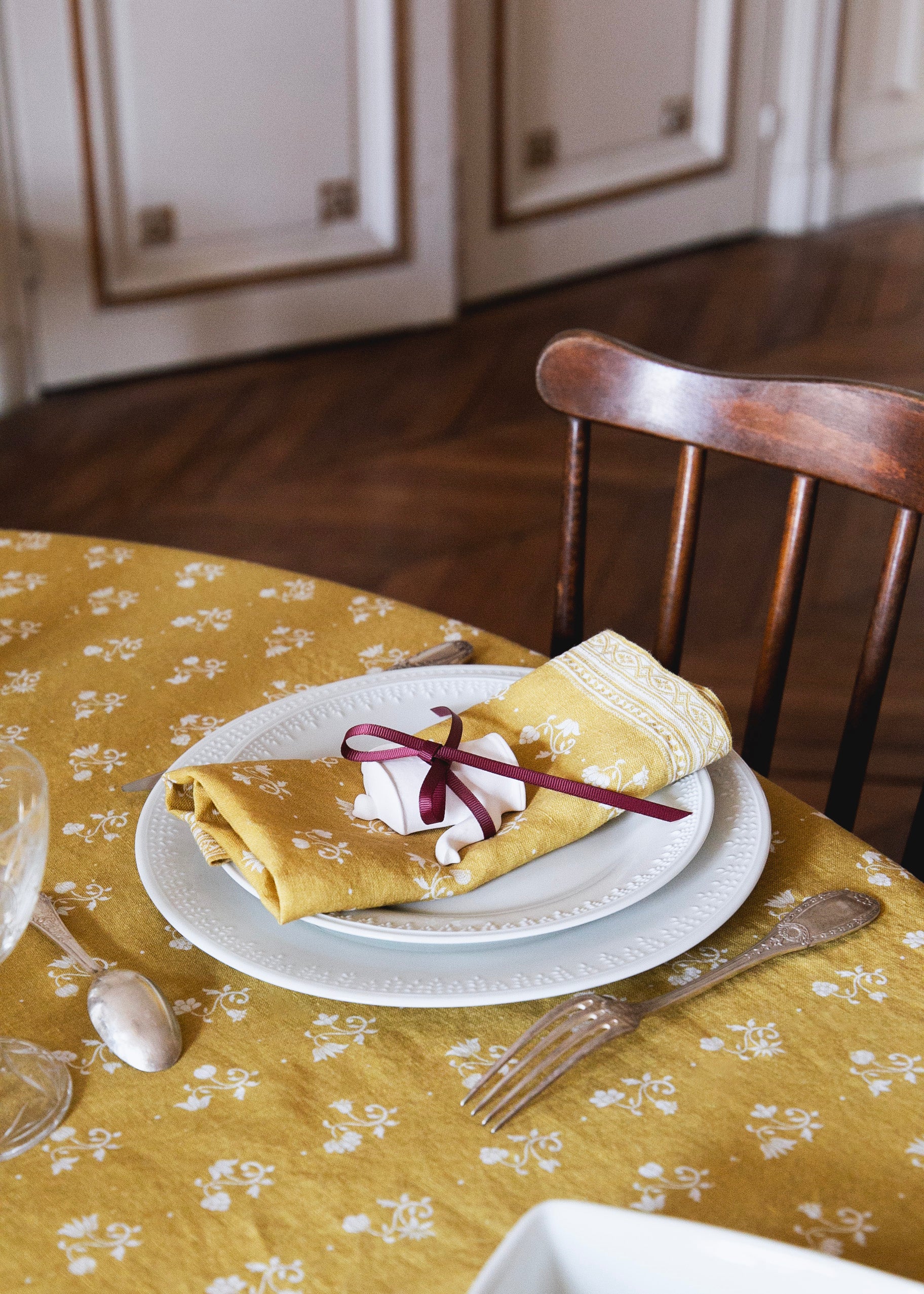 Serviette Henriette en lin imprimé - Ocre