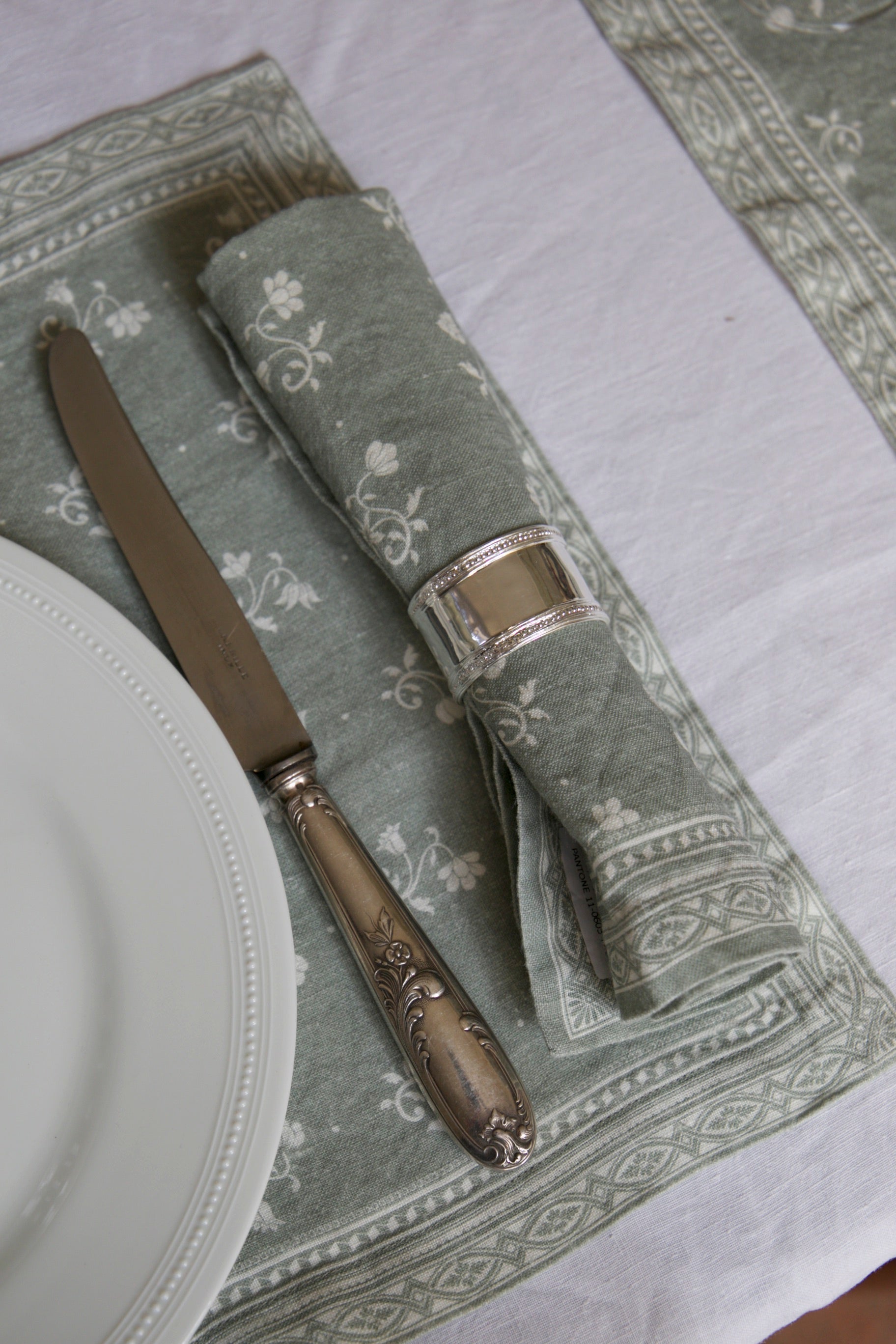 Serviette Henriette en lin imprimé - Vert-de-gris