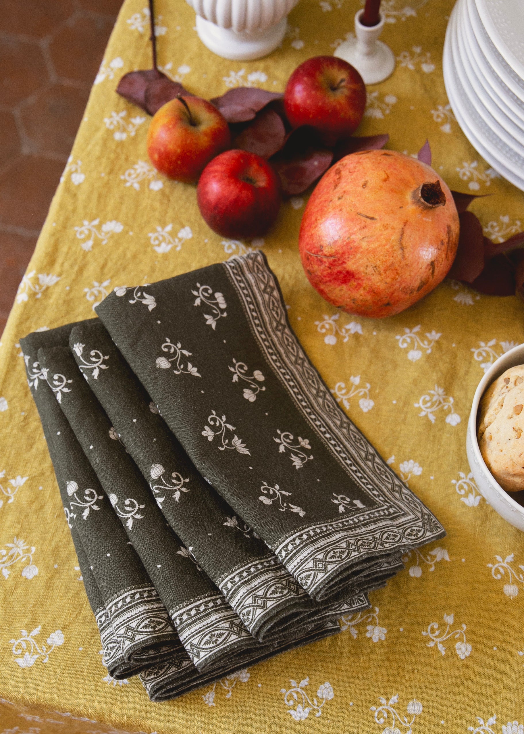 Serviette Henriette en lin imprimé - Kaki