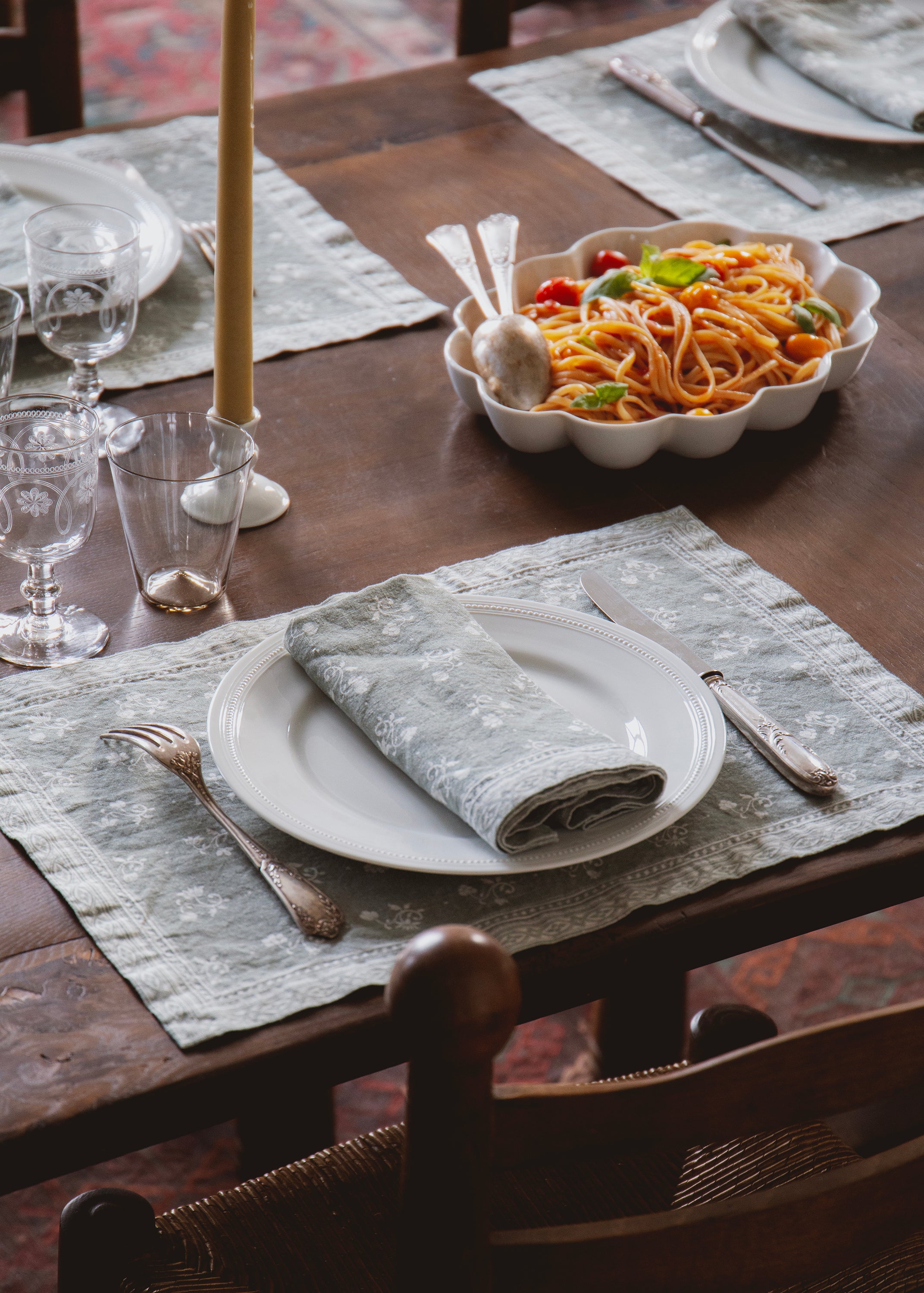 Set de table Henriette en lin imprimé - Vert-de-gris