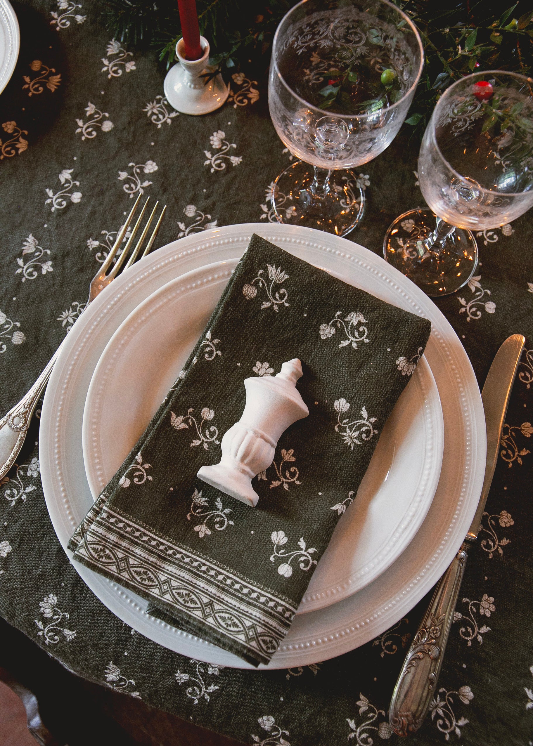 Serviette Henriette en lin imprimé - Kaki