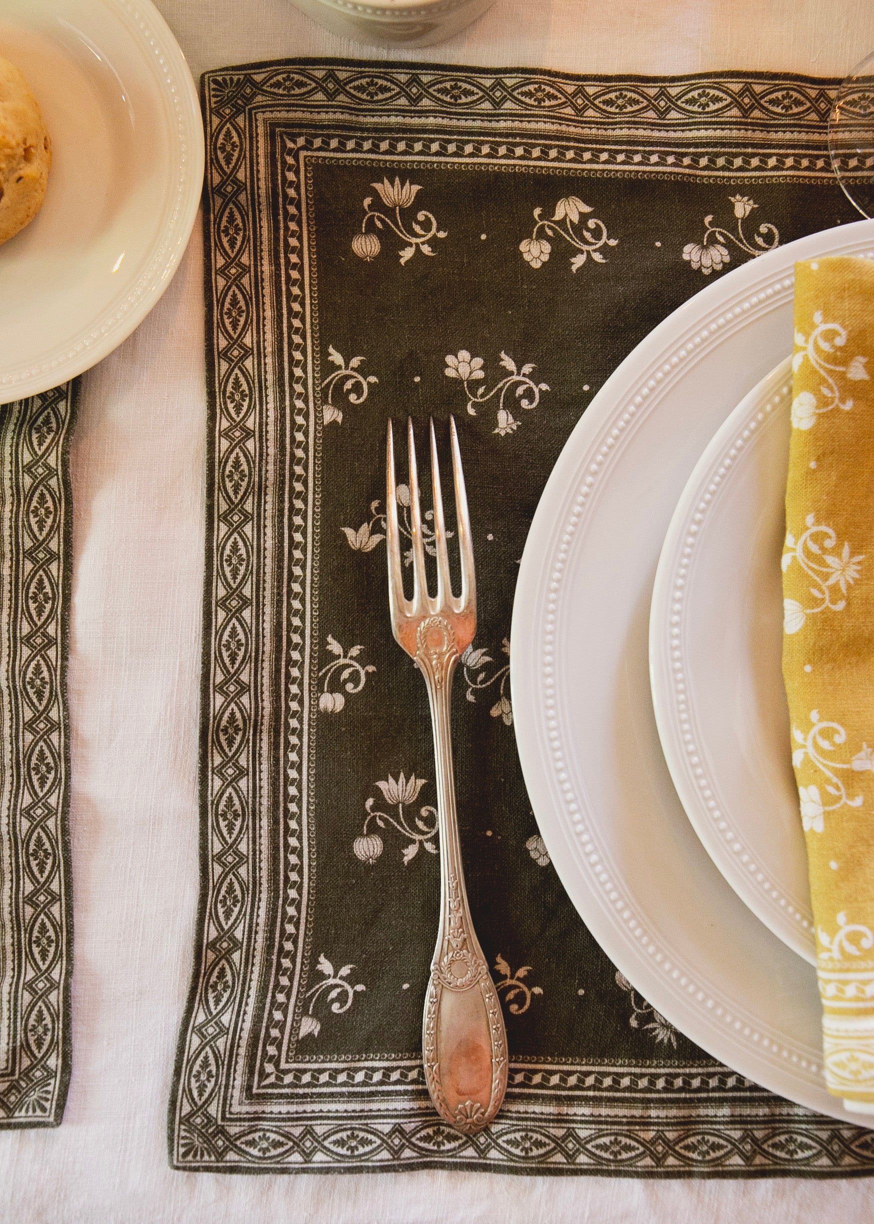 Set de table Henriette en lin imprimé - Kaki