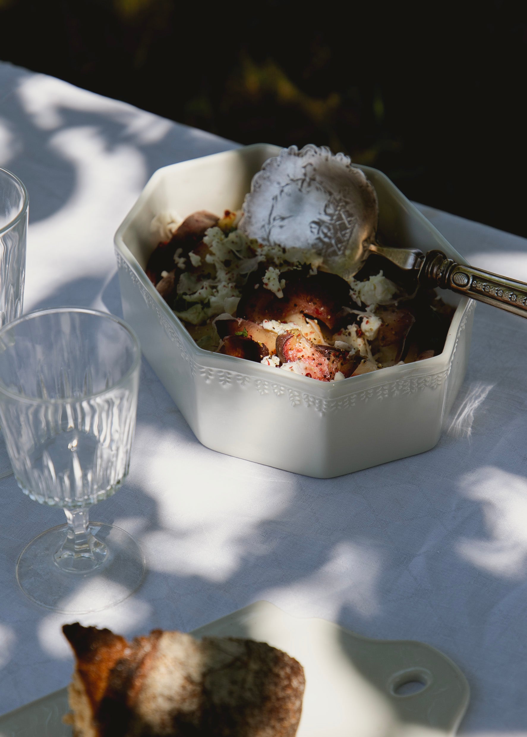 Small octagonal Demeter oven dish in white porcelain
