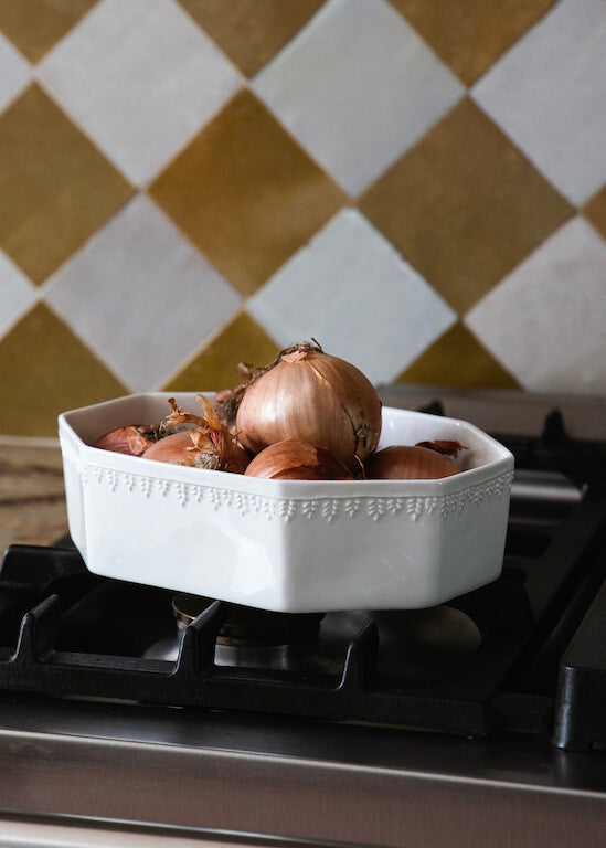 Small octagonal Demeter oven dish in white porcelain