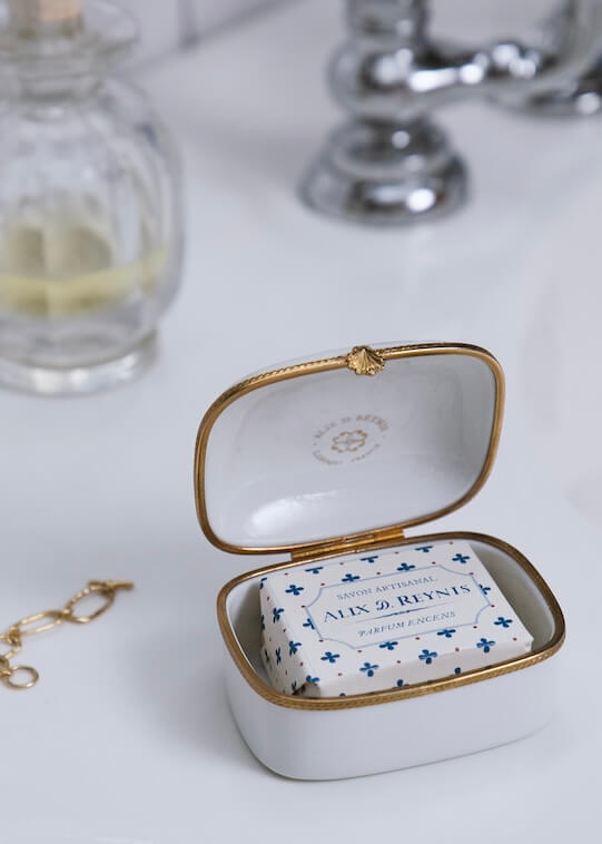 White porcelain soap box with organic soap