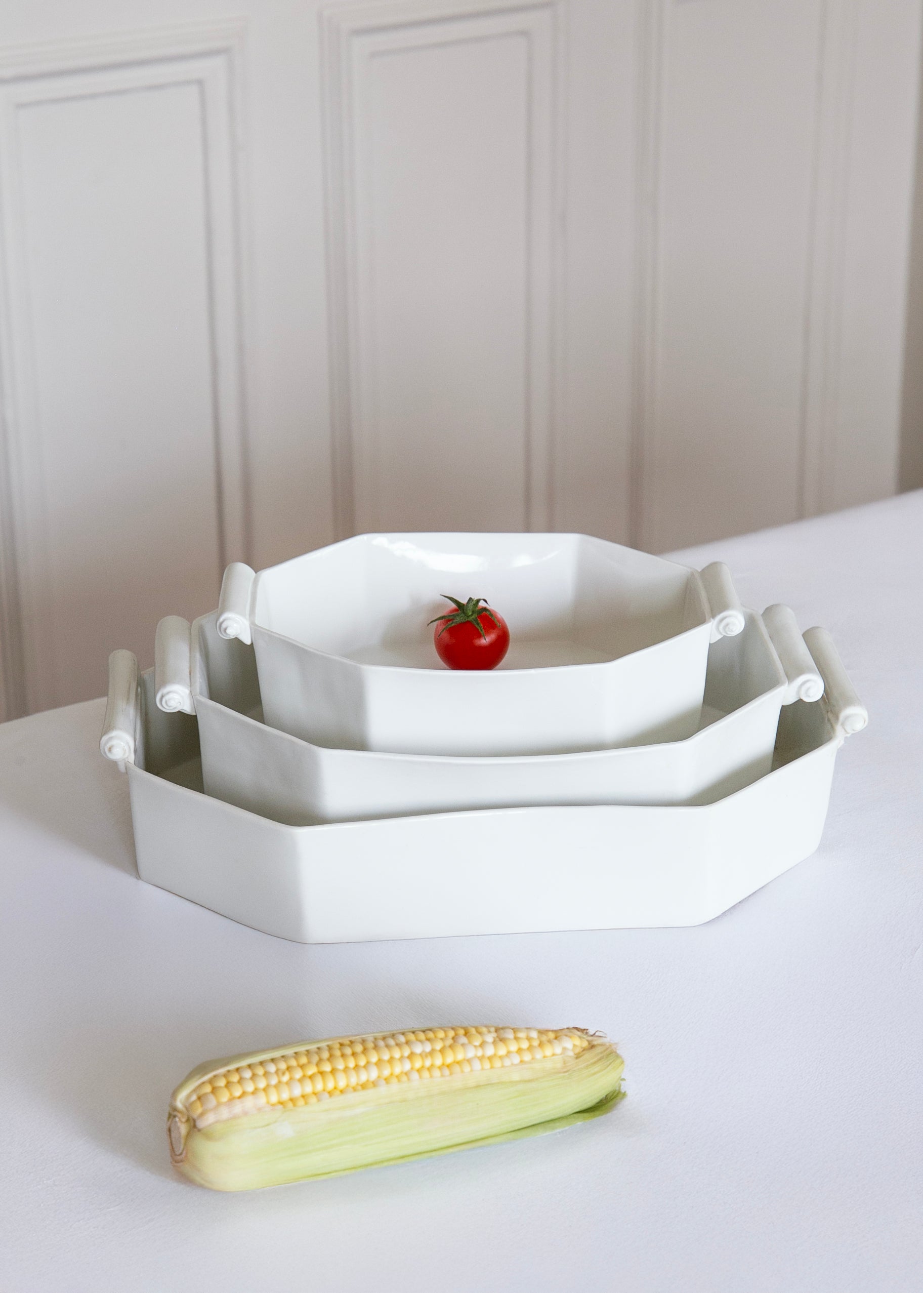 Small octagonal white porcelain baking dish