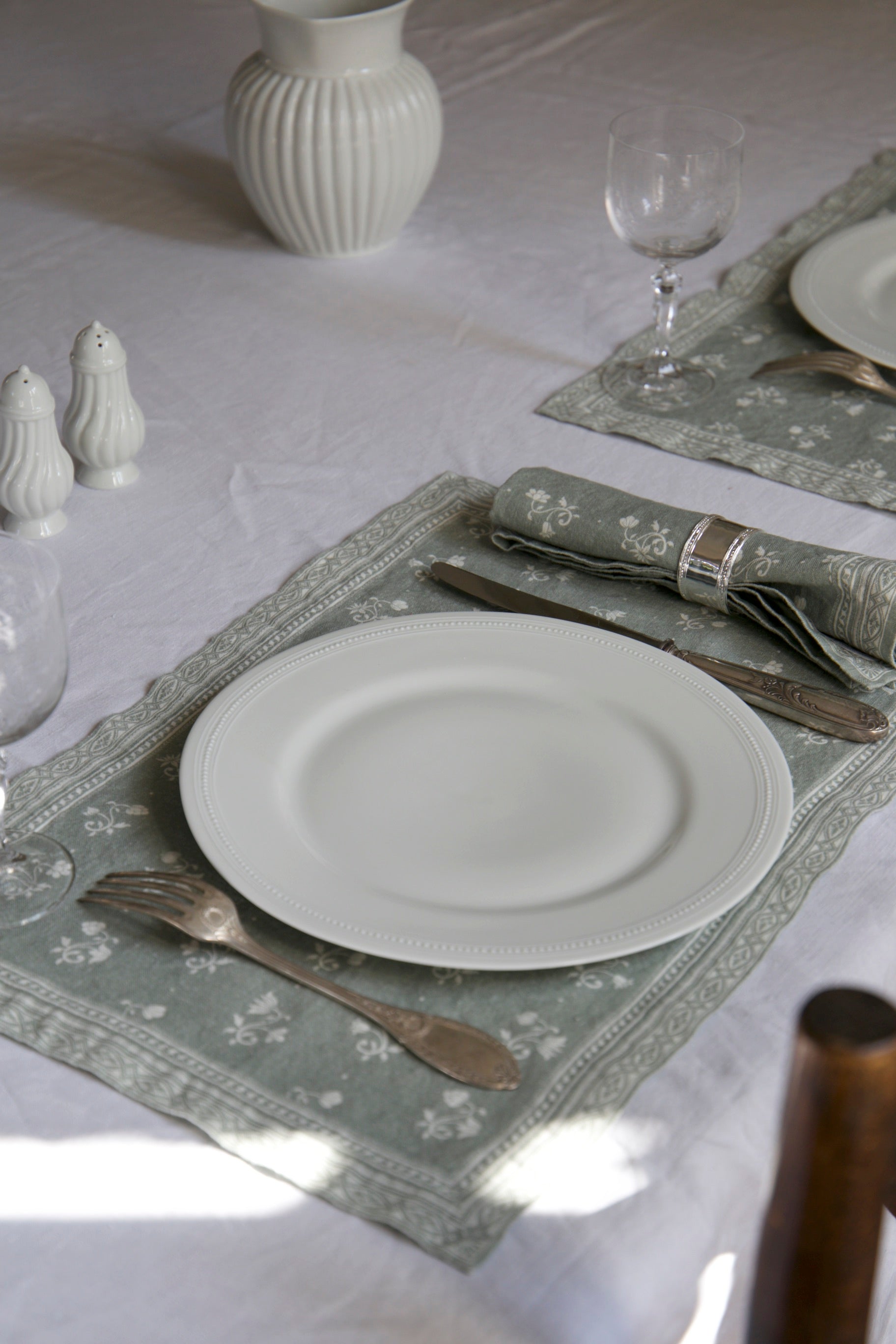Set de table Henriette en lin imprimé - Vert-de-gris