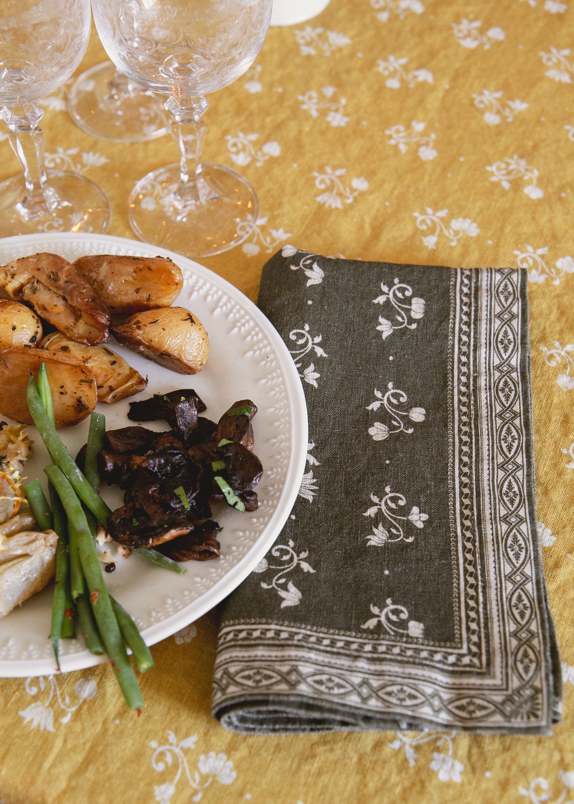 Serviette Henriette en lin imprimé - Kaki