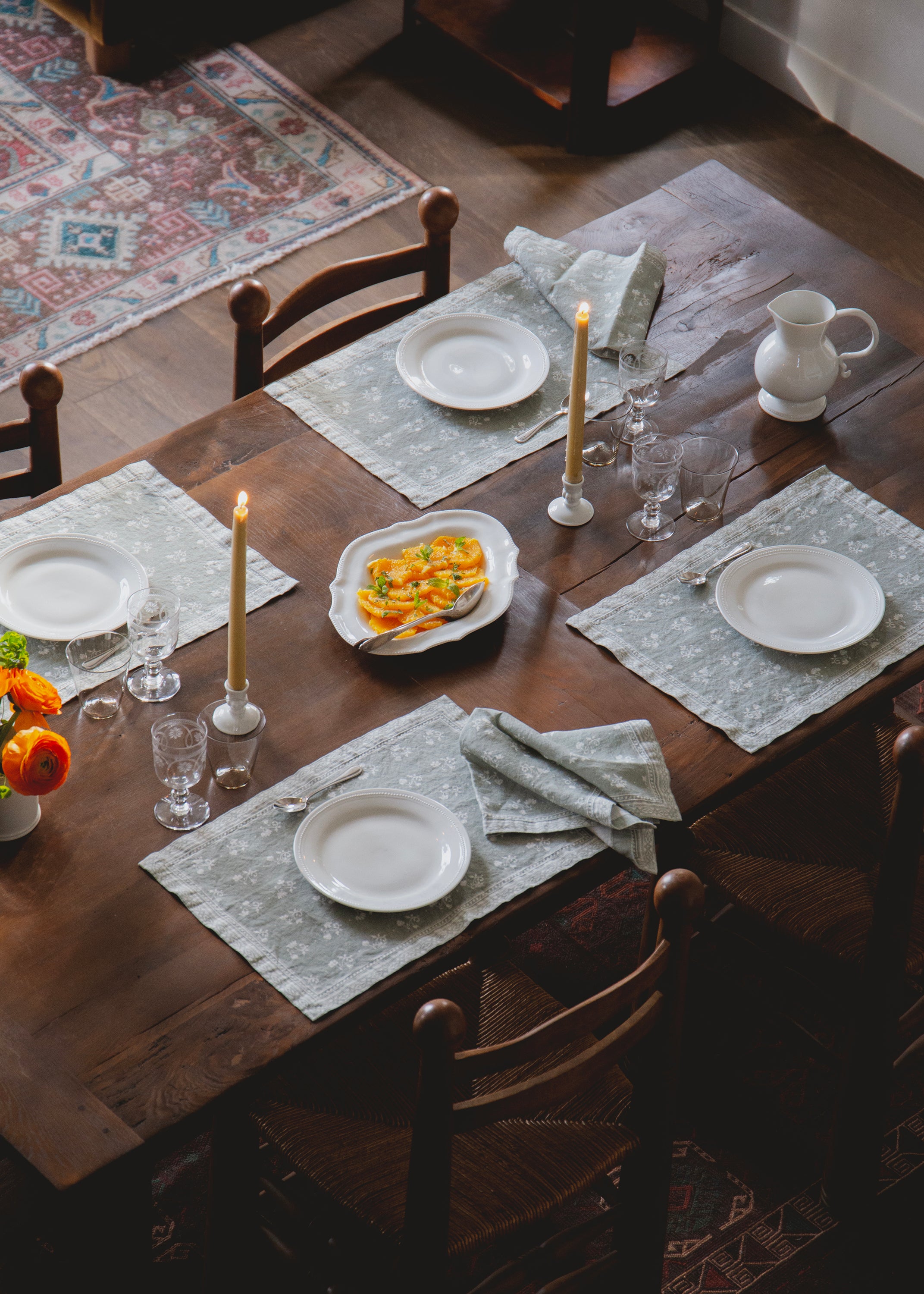 Set de table Henriette en lin imprimé - Vert-de-gris